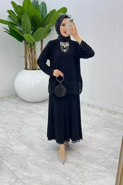 Siyah Premium Aksu Etek Takım Tesettür Giyim Siyah