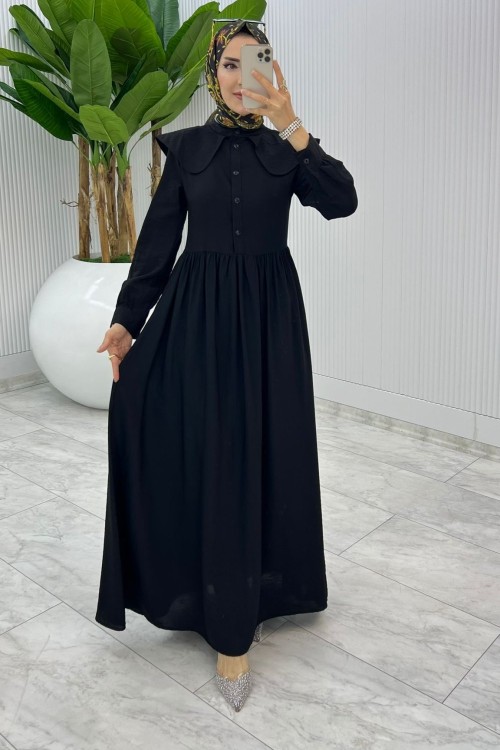 Siyah Premium Bebe Yaka Elbise Tesettür Giyim Siyah