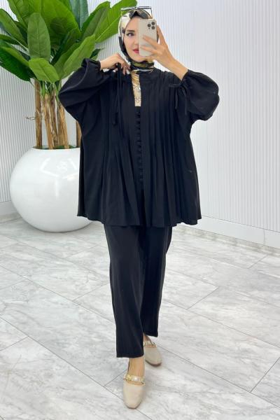 Siyah Premium Nervür Takım Tesettür Giyim Siyah