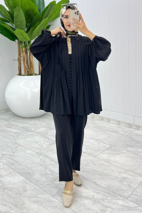 Siyah Premium Nervür Takım Tesettür Giyim Siyah