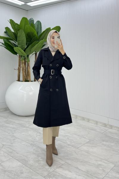 Siyah Premium Astarlı Eylem Trench Tesettür Giyim  Siyah