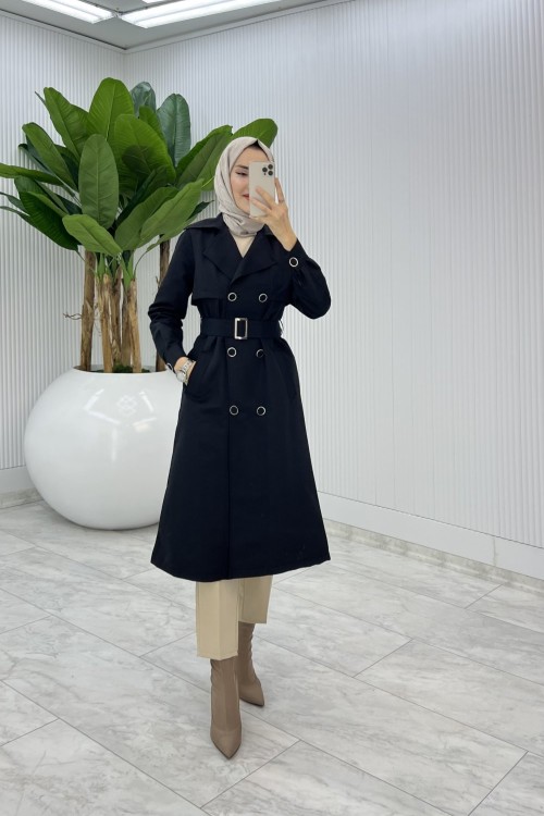 Siyah Premium Astarlı Eylem Trench Tesettür Giyim  Siyah