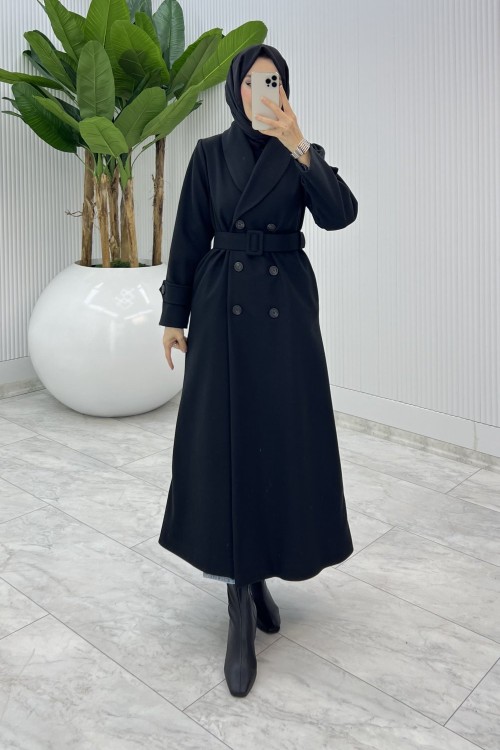 Siyah Premium Kaşe Kaban Tesettür Giyim  Siyah