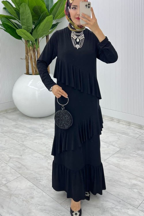 Siyah Premium Tijen Elbise Tesettür Giyim  Siyah
