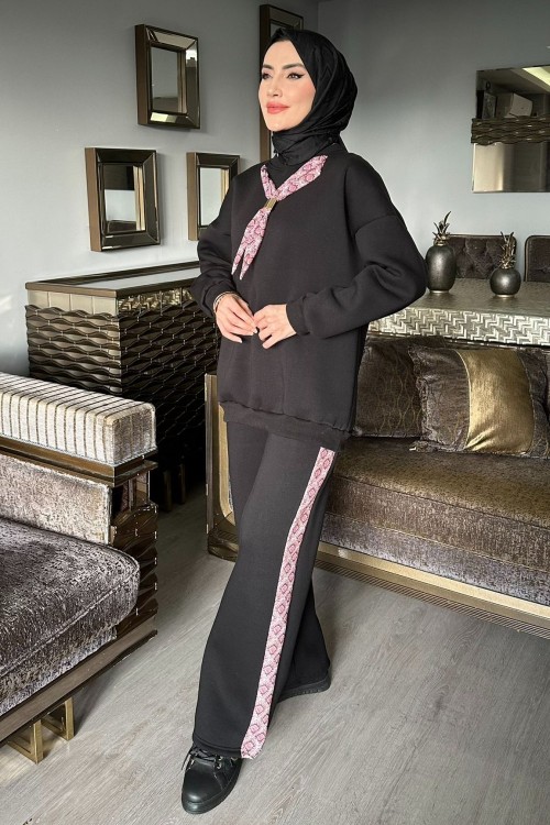 Siyah Premıum Scuba Fularlı Takım Tesettür Giyim  Siyah