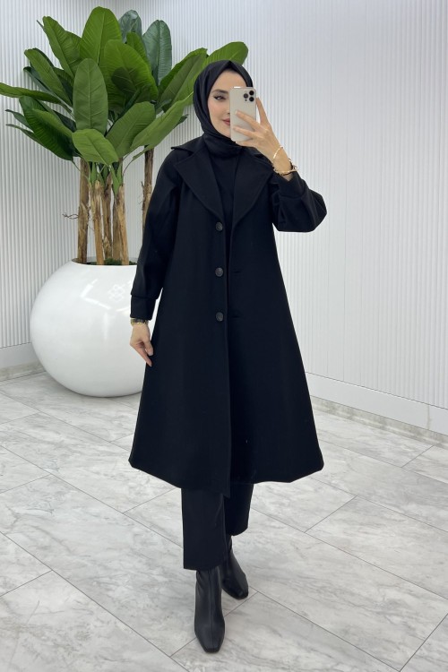 Siyah Premıum Defne Kaşe Kaban Tesettür Giyim  Siyah