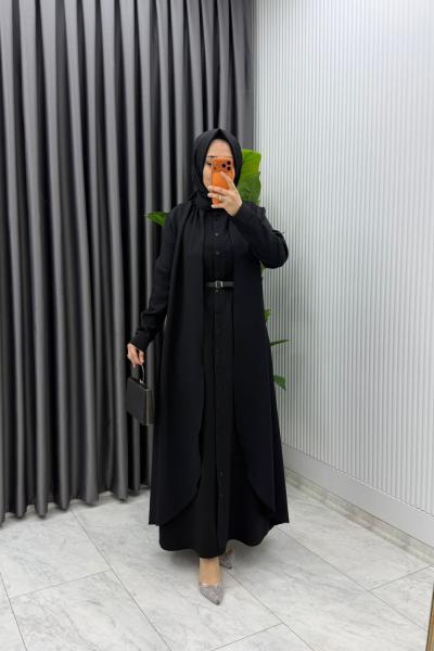 Siyah Premium Pera Elbise Ferace Tesettür Giyim Siyah