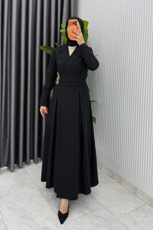 Siyah Premium Hülya Ferace Elbise Tesettür Giyim Siyah