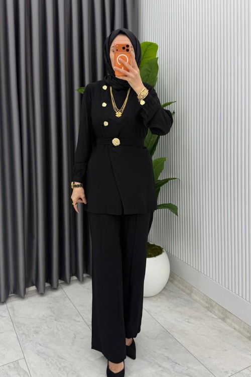 Siyah Premium Kemerli Gözde Takım Tesettür Giyim  Siyah