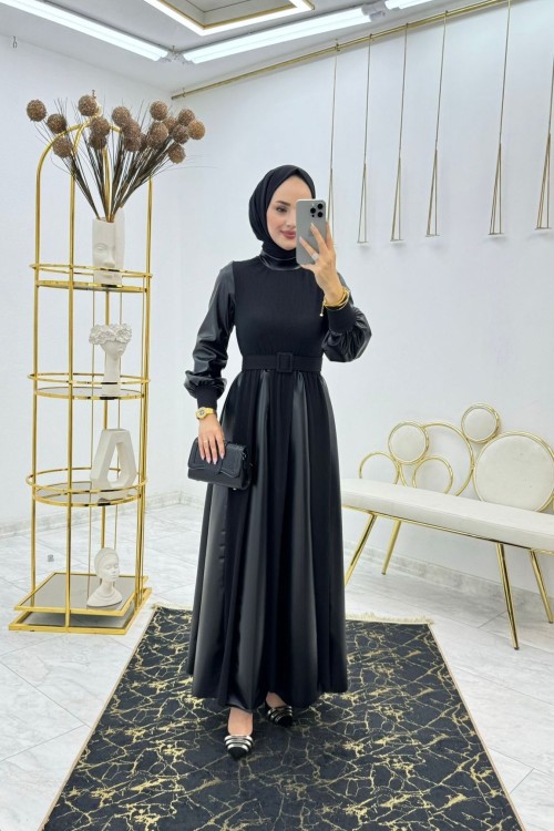 Siyah Prenses Deri Elbise Tesettür Giyim Siyah