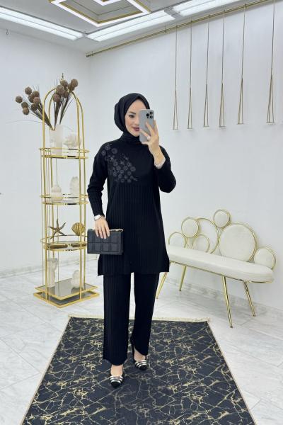 Siyah Pullu Triko Takım Tesettür Giyim Siyah