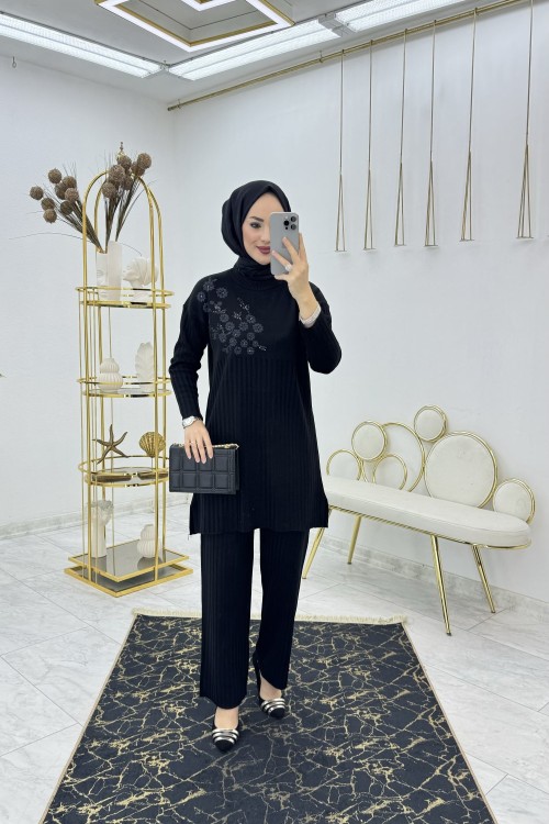 Siyah Pullu Triko Takım Tesettür Giyim Siyah