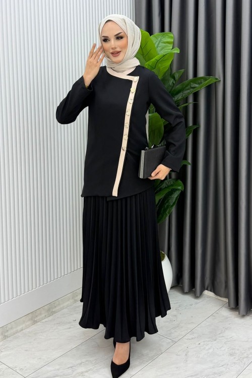 Siyah Rabia Etek Takım Tesettür Giyim Siyah