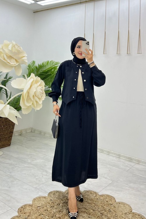 Siyah Selis Etek Takım Tesettür Giyim  Siyah