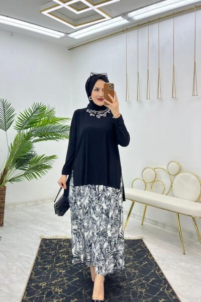 Siyah Sendi Palmiye Etek Takım Tesettür Giyim Siyah