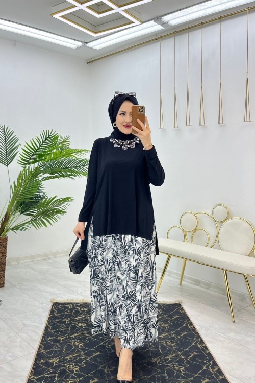 Siyah Sendi Palmiye Etek Takım Tesettür Giyim Siyah