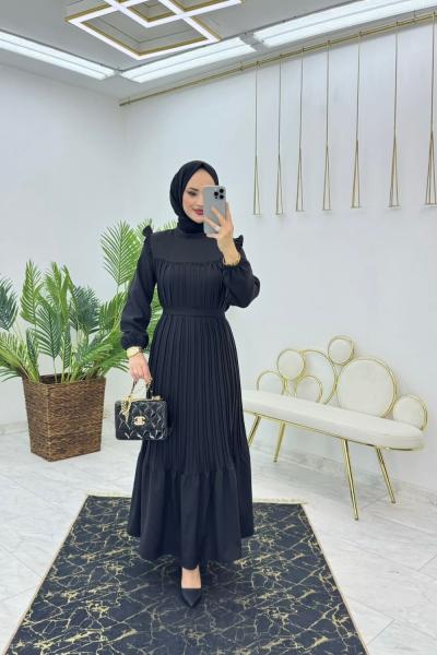 Siyah Şevval Piliseli Elbise Tesettür Giyim Siyah