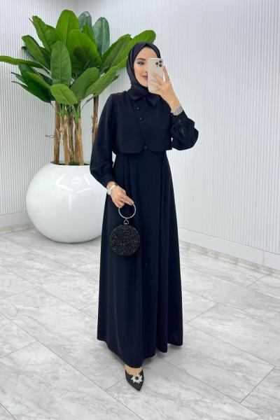 Siyah Sevgi Yelekli Elbise Takım Tesettür Giyim  Siyah