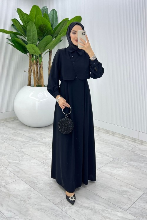 Siyah Sevgi Yelekli Elbise Takım Tesettür Giyim  Siyah