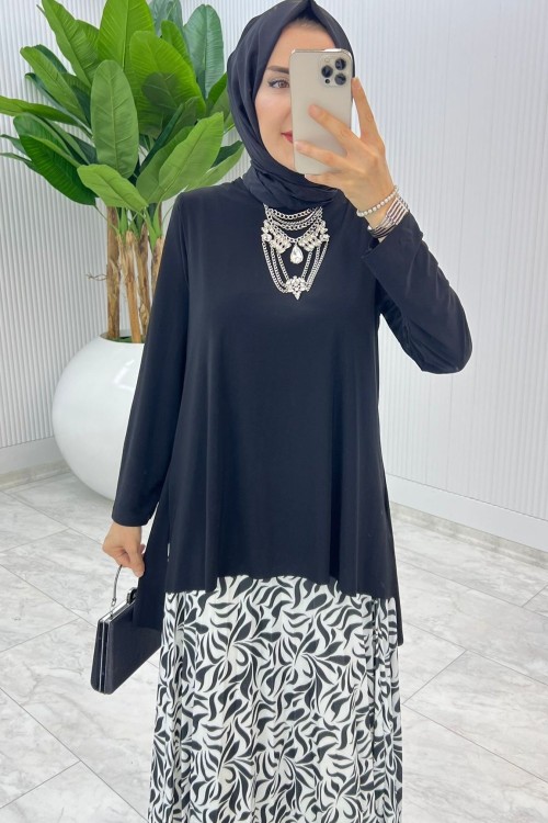 Siyah Su Damlası Etek Takım Tesettür giyim Siyah
