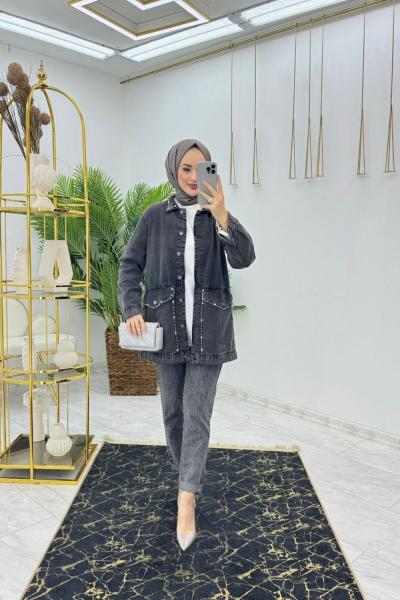 Siyah Şura Tasarım Kot Ceket Tesettür Giyim Siyah