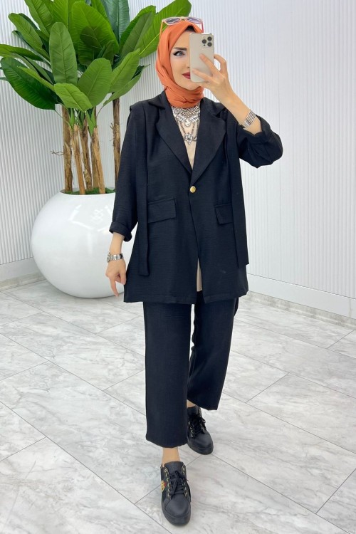 Siyah Tek Düğme Ceket Takım Tesettür Giyim Siyah