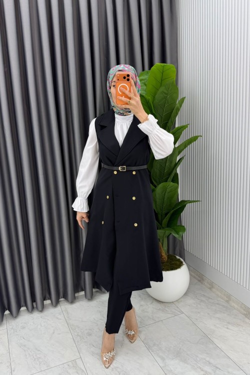 Siyah Tuğba Kemerli Yelek Takım Tesettür Giyim  Siyah