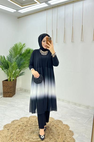 Siyah Üçlü Dijital Takım Tesettür Giyim Siyah