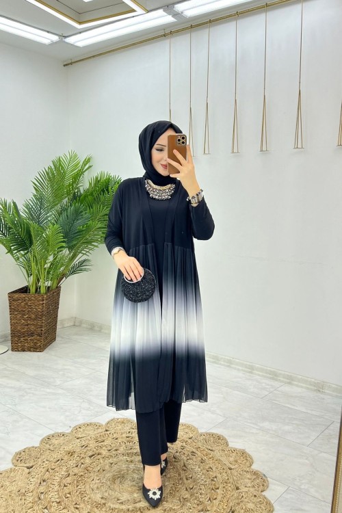 Siyah Üçlü Dijital Takım Tesettür Giyim Siyah