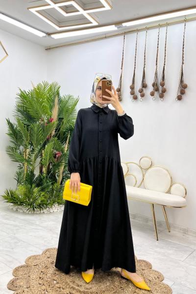 Siyah Yaren Keten Elbise Tesettür Giyim Siyah