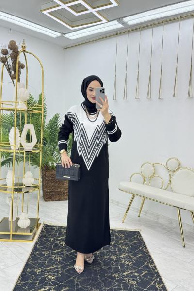 Siyah Zikzak Triko Elbise Tesettür Giyim Siyah