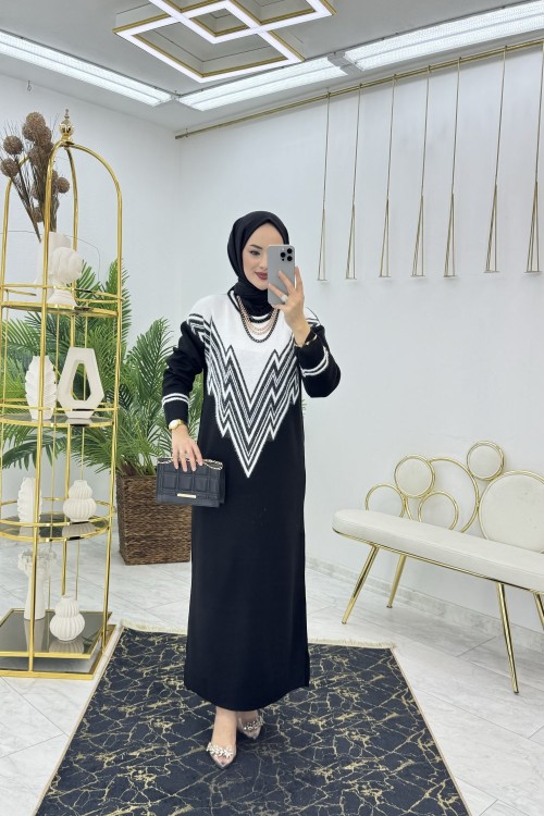 Siyah Zikzak Triko Elbise Tesettür Giyim Siyah