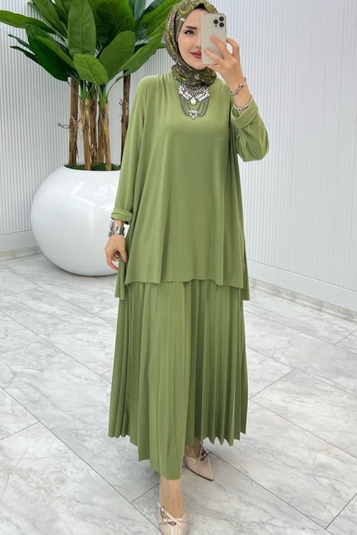 Soft Yeşil Şermin Etek Takım Tesettür Giyim Yeşil