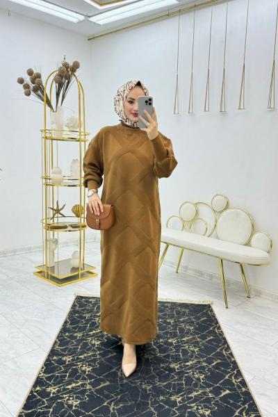 Taba Baklava Triko Elbise Tesettür Giyim Taba