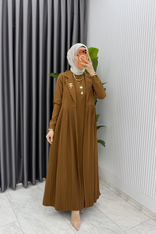 Taba Broşlu Premıum Sibel Tasarım Takım Tesettür Giyim  Taba