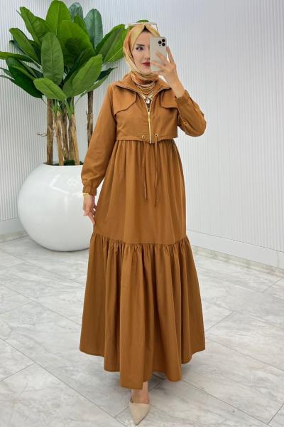 Taba Hicran Elbise Takım Tesettür Elbise  Taba