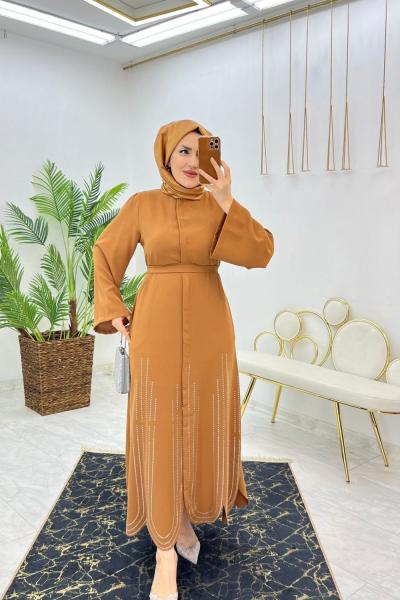 Taba Lazerli Ferace Tesettür Giyim Taba