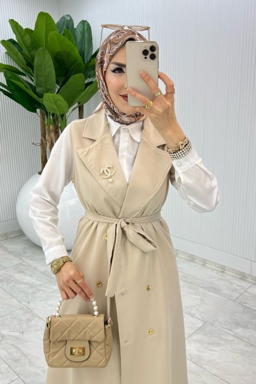 Taş Broşlu Ala Yelek Takım Tesettür Giyim Taş Rengi