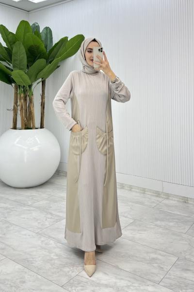 Taş Aysa Deri Cepli Elbise Tesettür Giyim  Taş Rengi