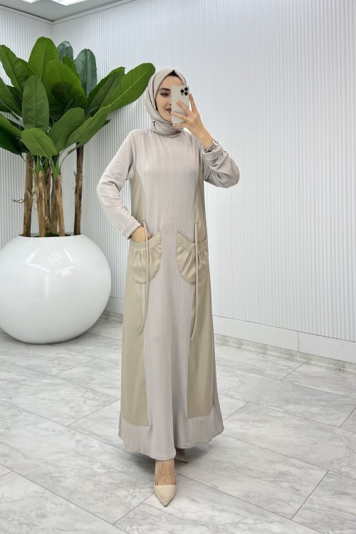 Taş Asya Deri Cepli Elbise Tesettür Giyim  Taş Rengi