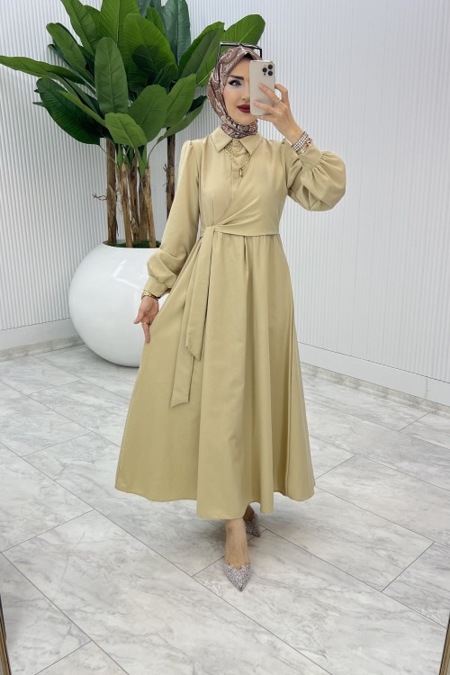 Taş Bağlamalı Elbise Tesettür Giyim  Taş Rengi