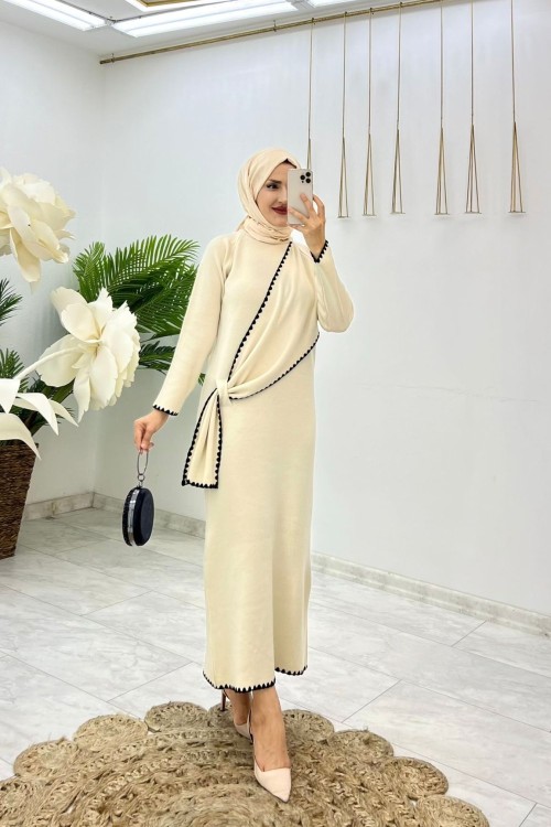 Taş Kıvılcım Triko Elbise Tesettür Giyim Taş Rengi