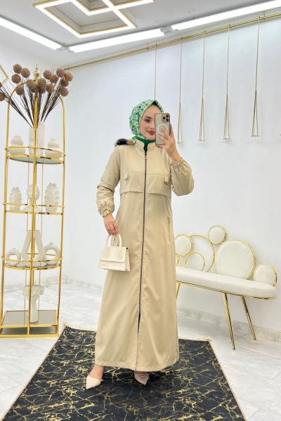 Taş Kürklü Parka Tesettür Giyim Taş Rengi