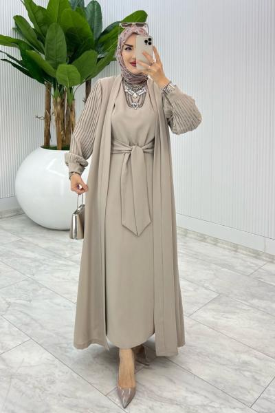 Taş Premıum Melek Abaya Takım Tesettür Giyim Taş Rengi