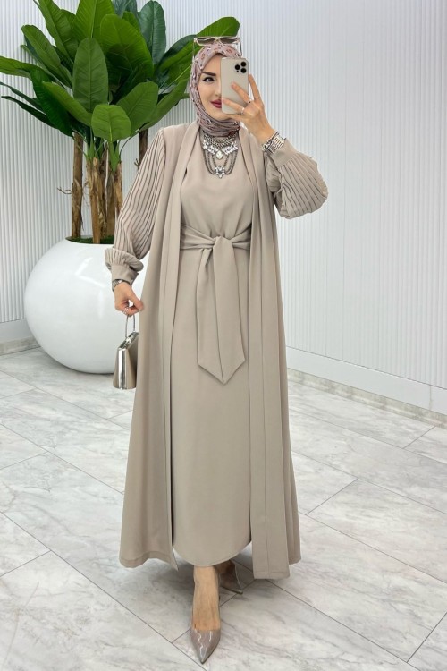 Taş Premıum Melek Abaya Takım Tesettür Giyim Taş Rengi