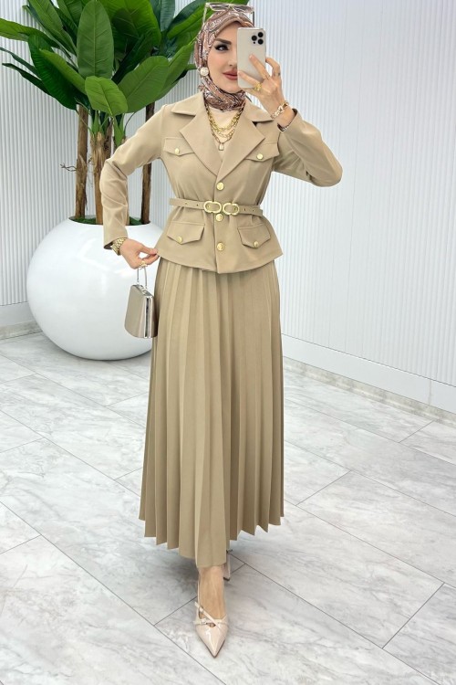 Taş Premıum Hülya Etek Takım Tesettür Giyim Taş Rengi