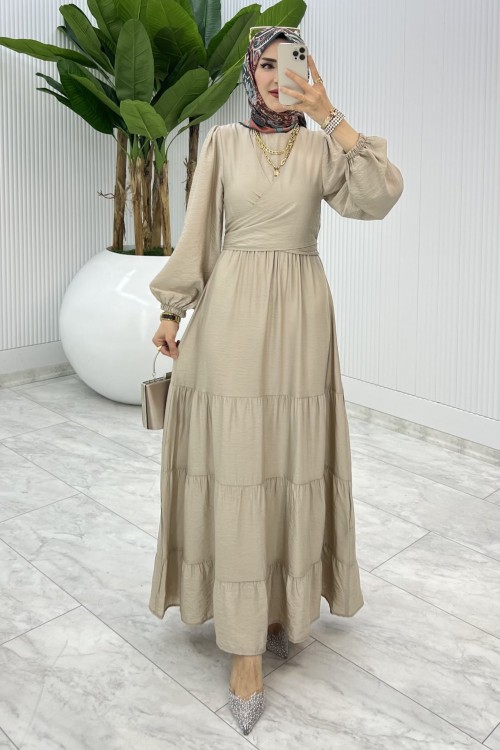 Taş Premıum Leha Elbise Tesettür Giyim Taş Rengi