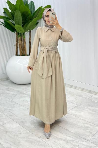 Taş Premıum Nagihan Elbise Tesettür Giyim Taş Rengi