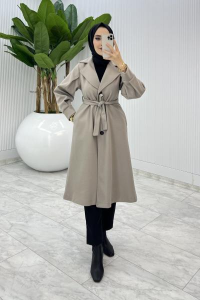 Taş Premıum Defne Kaşe Kaban Tesettür Giyim  Taş Rengi