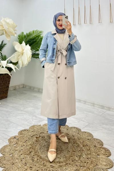 Taş Premium Klas Trench Tesettür Giyim Taş Rengi